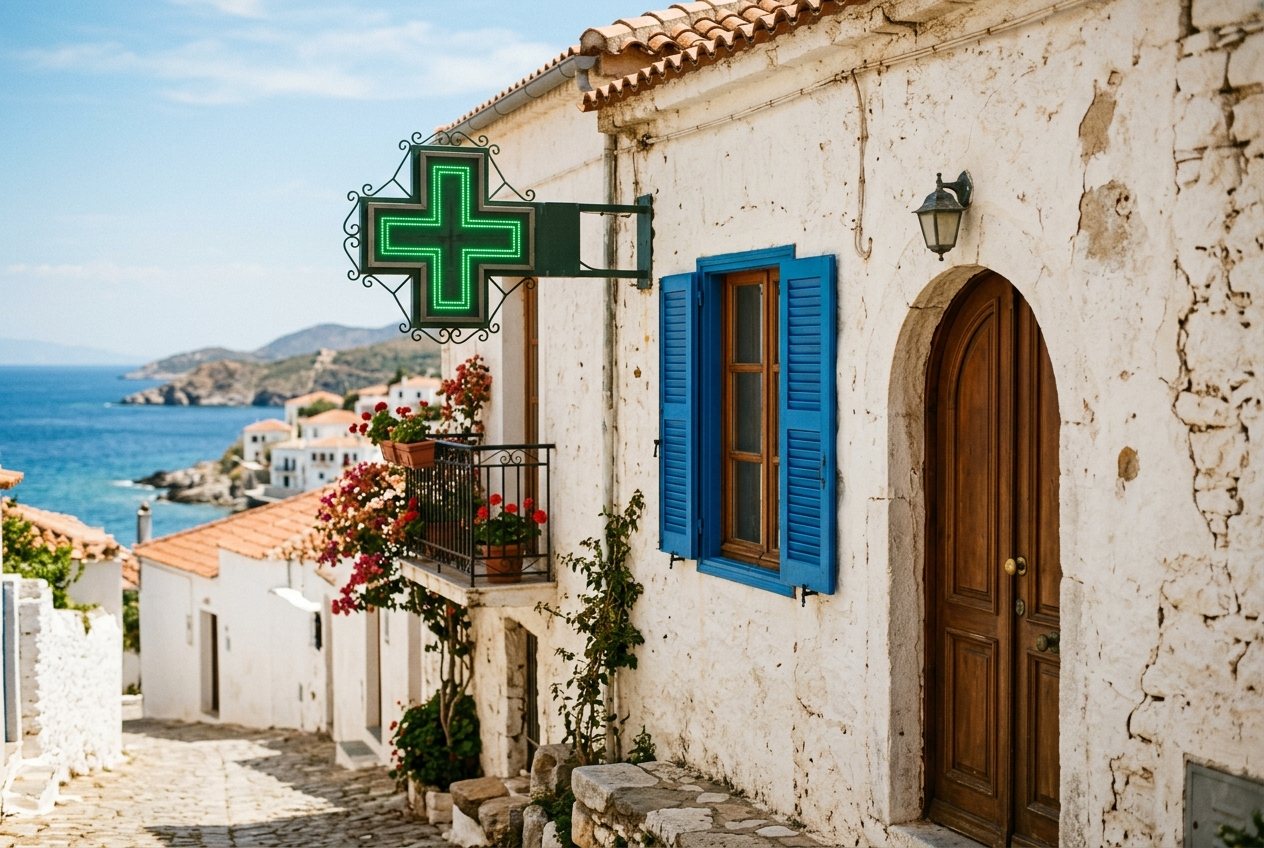 Gyógyszertári kereszt egy mediterrán ház falán